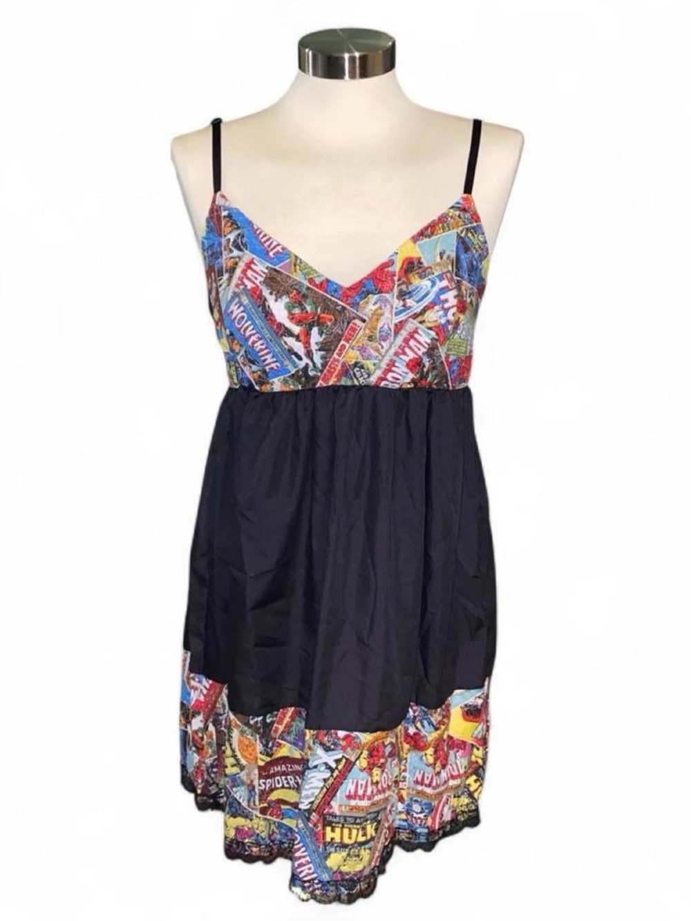 Paper Doll Prod Marvel Babydoll Mini Dress with Comic-Print and Lace Trim